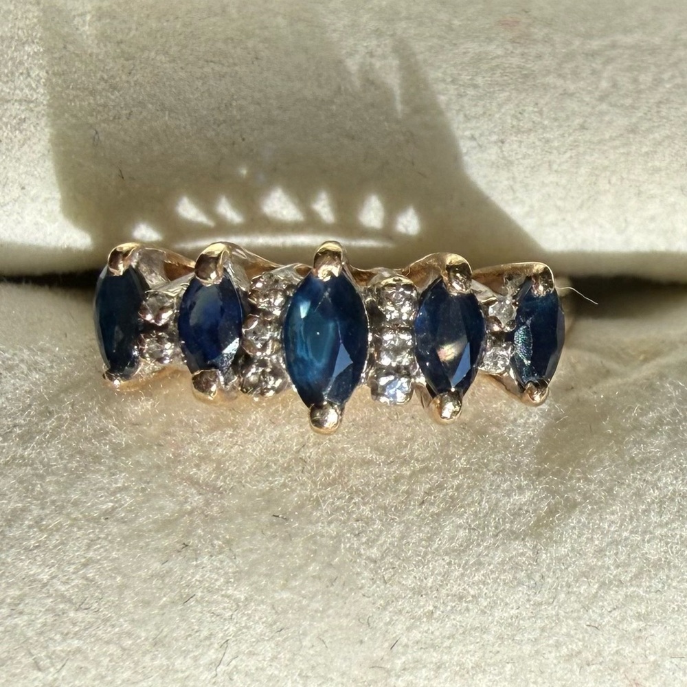 Antique Natural Sapphire and Diamond 10 ct Gold Women's Ring sz 6.5